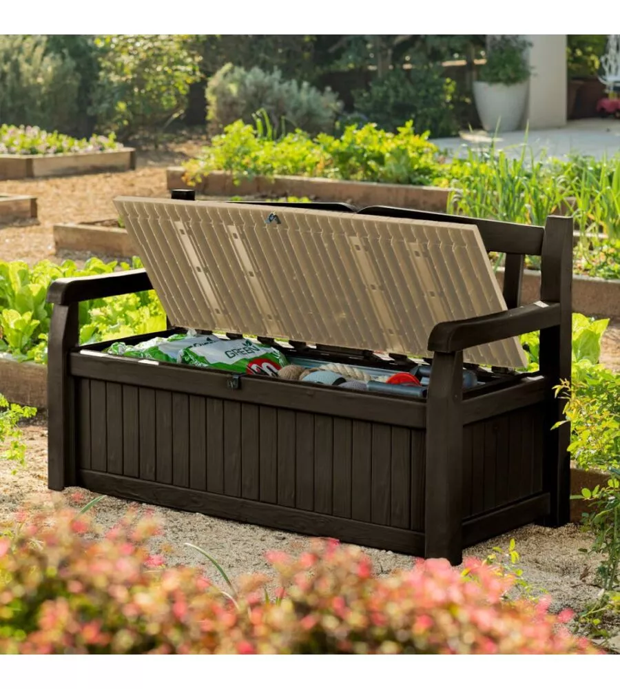 PANCHINA CASSAPANCA KETER "EDEN STORAGE BENCH" IN RESINA MARRONE, 140X60X84 CM